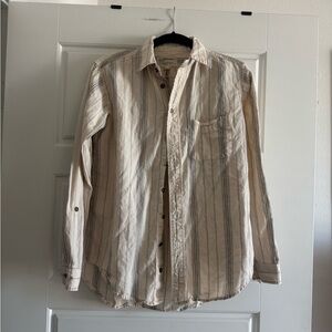 Current/Elliott Women's Beige and Gray Striped Button-Down Shirt